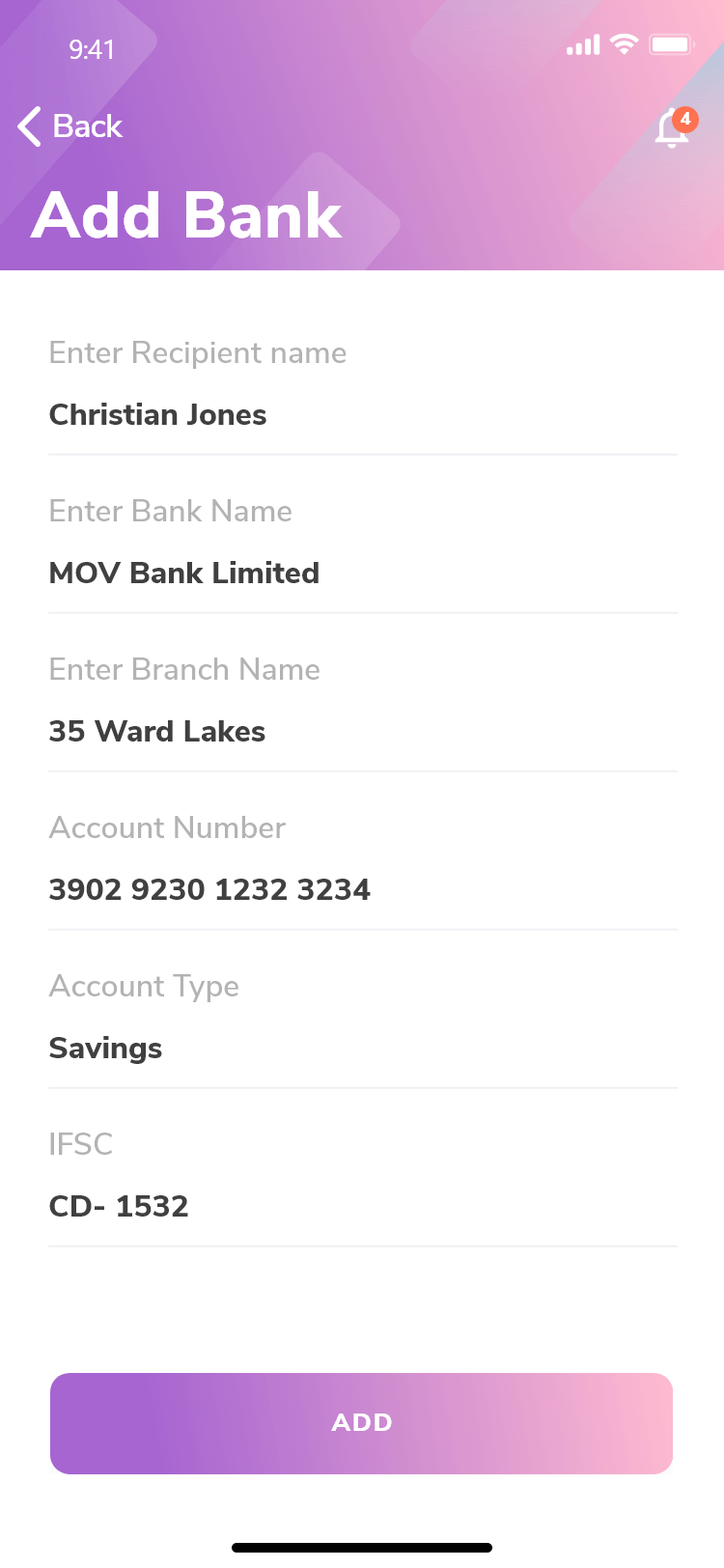 Add Bank Details Page